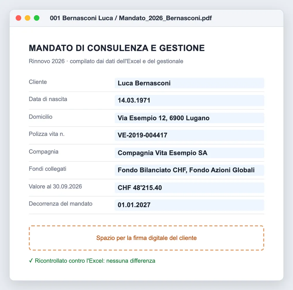 Un mandato compilato con i dati del cliente, pronto per la firma digitale.
