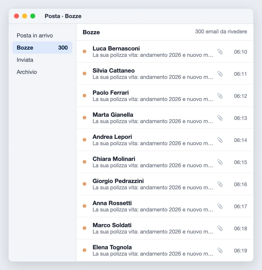 La cartella Bozze: le email pronte, da rivedere e spedire una per una.