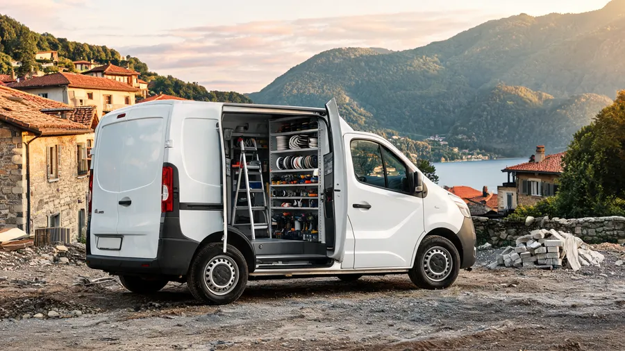 Furgone bianco di un'impresa edile e di impianti fermo all'alba accanto a un cantiere, in un paese di sasso ticinese, con la porta laterale aperta e gli attrezzi in ordine.