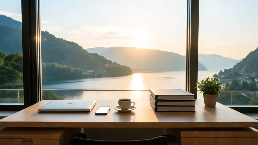 Scrivania in ordine all'alba, con il portatile chiuso, il telefono, un caffè e tre cartelle allineate, davanti a una finestra sul lago e le montagne.
